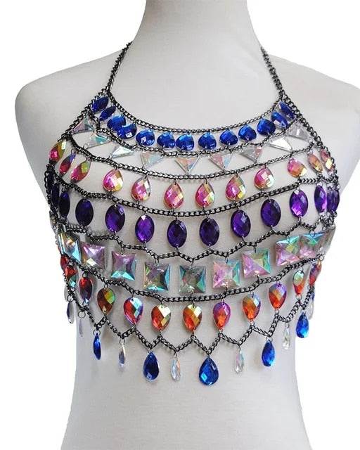 grey Women Boho style Shiny Acrylic Crystal Festival outfit Tank Top Halter Patchwork Gem Sequins Cami Crop Top