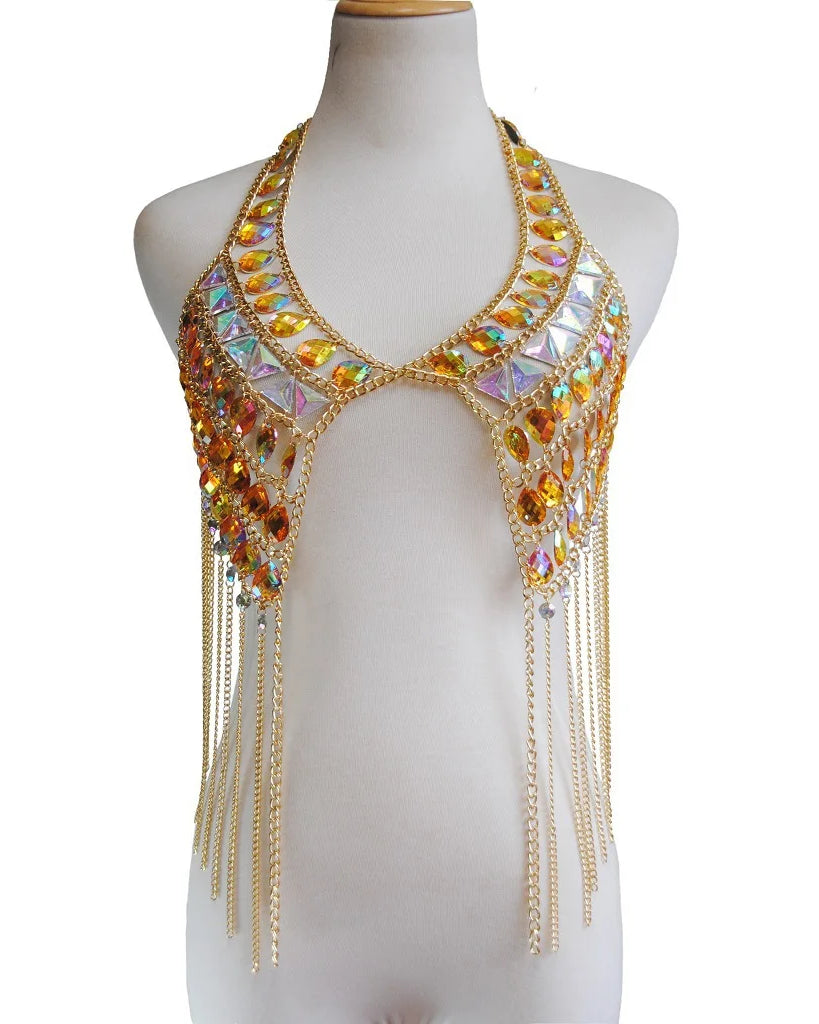 gold Women Boho style Shiny Acrylic Crystal Festival outfit Tank Top Halter Patchwork Gem Sequins Cami Crop Top