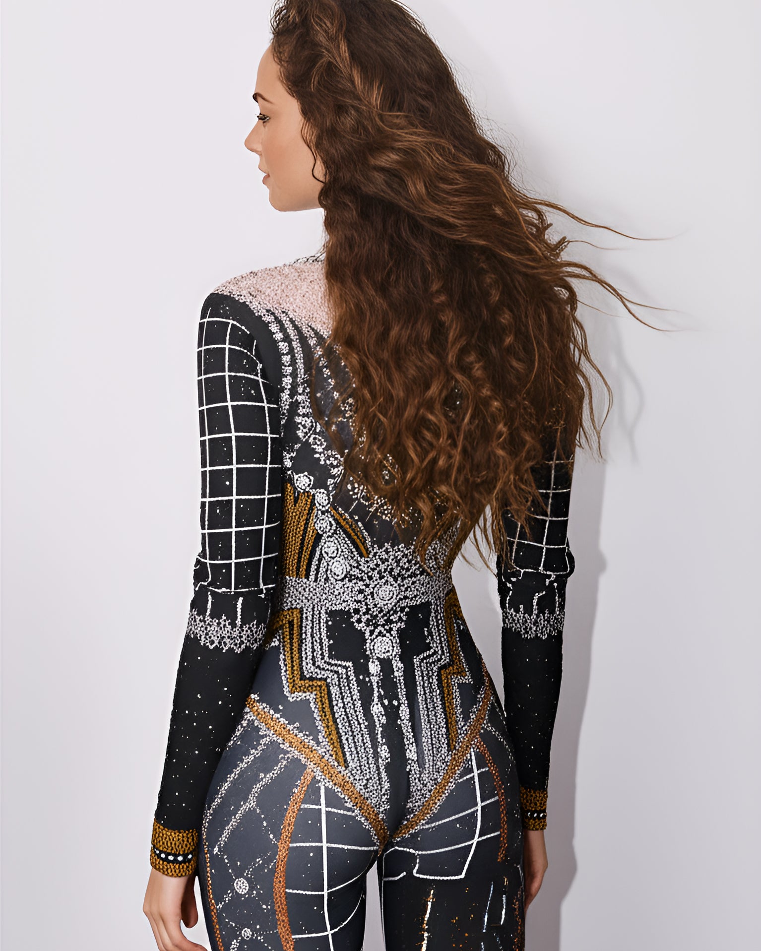 Black Rhinestones Jumpsuit showcasing stunning back design with intricate rhinestones and sequins.