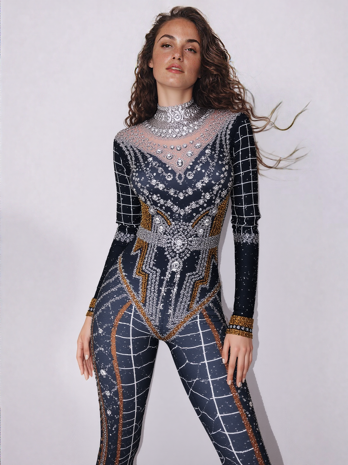 Mono negro con pedrería que presenta elegantes adornos de pedrería y lentejuelas.