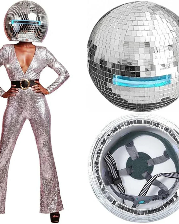 Silver mirror disco ball helmet, 40cm, shown on a model and as a detailed product view.