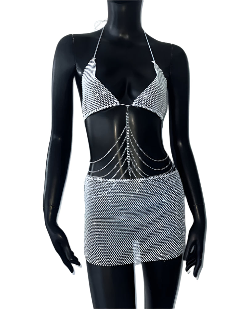 Diamond Fishnet Skirt Set with Chain Tassel