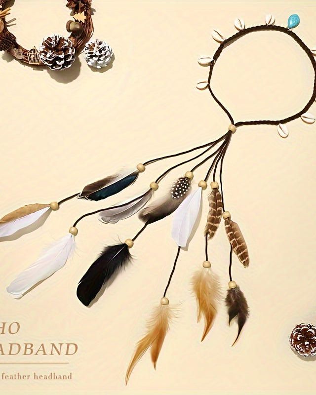 Faux Feather Headband with colorful feathers and beads, perfect for bohemian and ethnic festival styles.