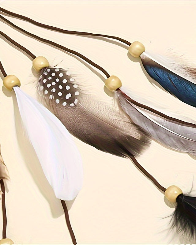 Faux Feather Headband with elegant tassels and colorful feathers on brown strings for bohemian style.
