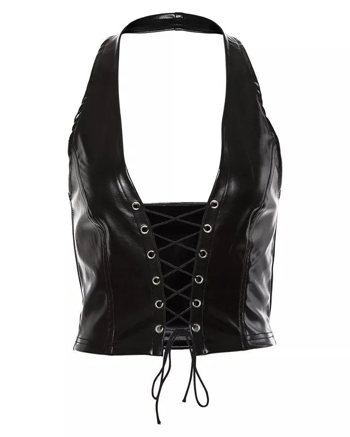 Stylisches Leder-Crop-Top mit tiefem V-Ausschnitt und Schnürdetail, perfekt für Festivals und Raves.