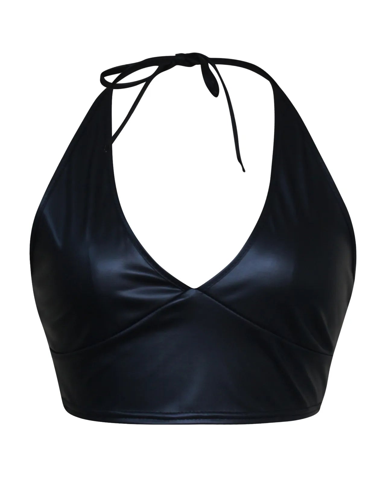 Leder-Halter-Crop-Top mit V-Ausschnitt in elegantem Schwarz, mit schmeichelhaftem V-Ausschnitt und Halterriemen-Design.