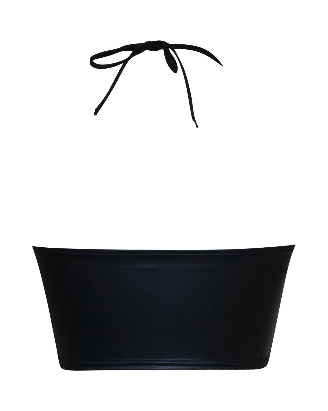 Leder-Halter-Crop-Top mit V-Ausschnitt in elegantem Schwarz, mit schmeichelhaftem Halter-Ausschnitt und Bindverschluss.