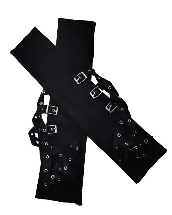 Fingerless Eyelet Ribbon Elbow Gloves