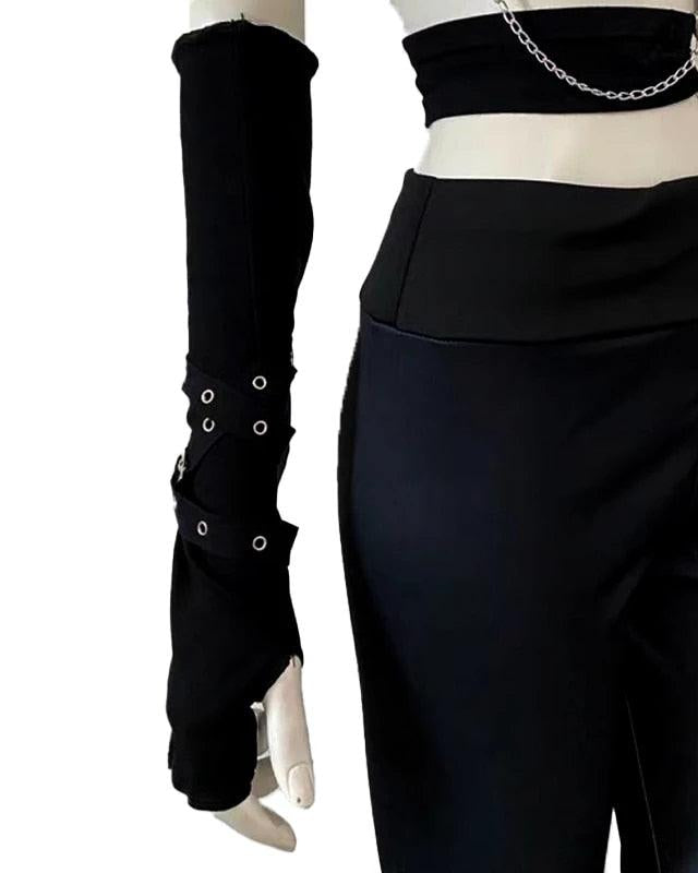 Fingerless Eyelet Ribbon Elbow Gloves