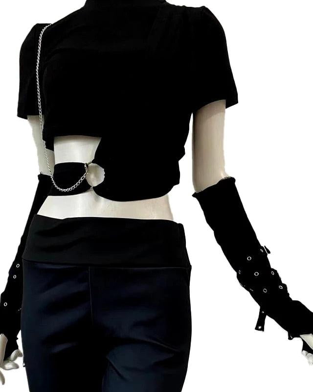 Fingerless Eyelet Ribbon Elbow Gloves showcased on a mannequin with a black outfit.