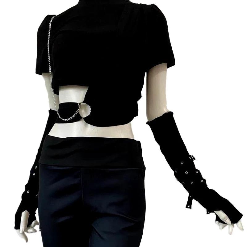 Fingerless Eyelet Ribbon Elbow Gloves showcased on a mannequin with a black outfit.