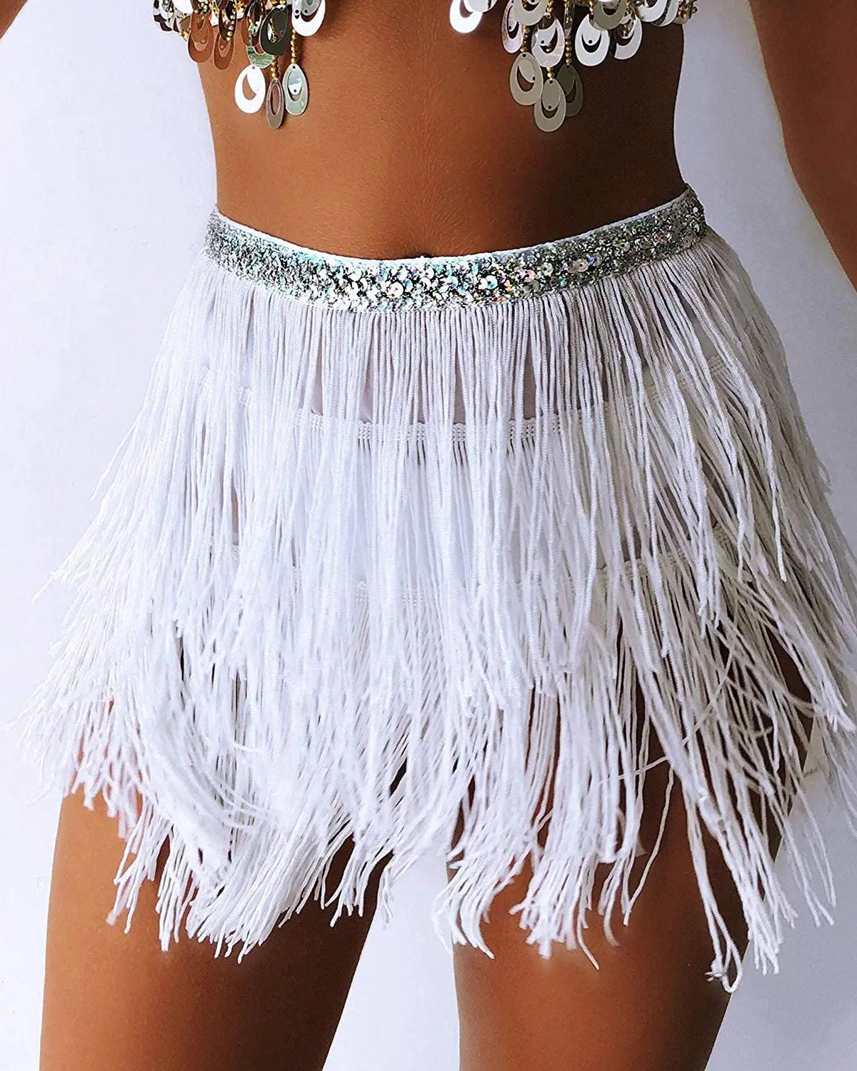 white Sequin Tassel Sparkle Tutu Skirt Rave Fringe Belly Dance