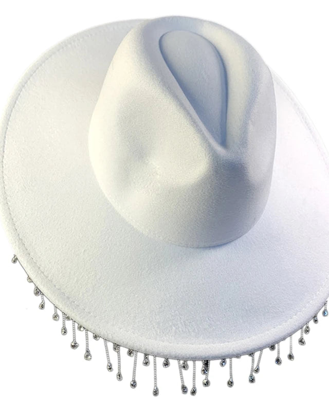 Fringe White Rhinestone Cowgirl Hat