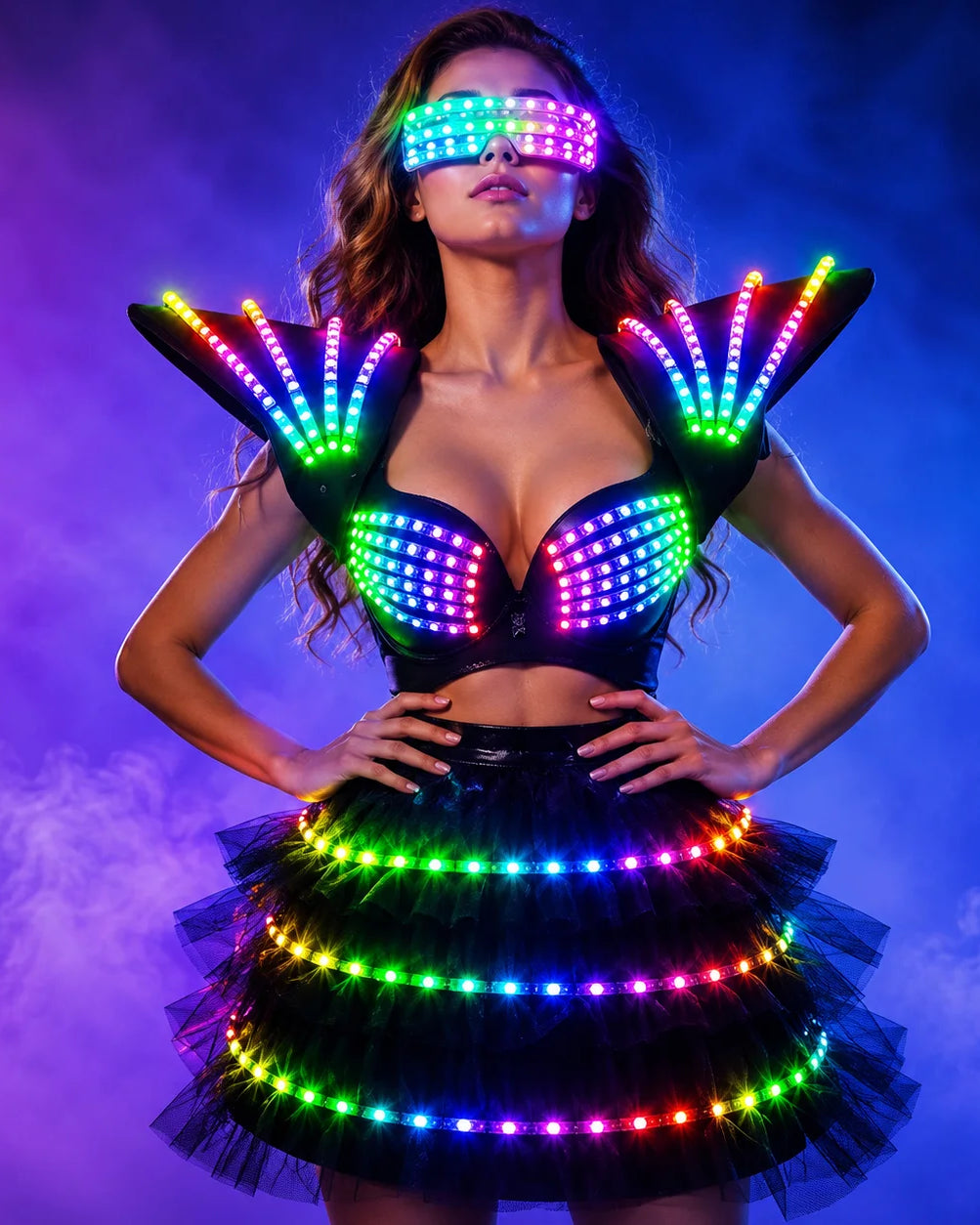 Model wearing a black LED tutu bra set with glowing shoulder pieces and matching light-up skirt against a purple background.