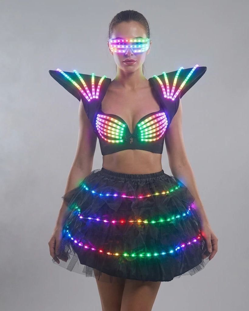 Futuristic black LED tutu bra set with shoulder pieces and glowing visor, featuring remote-controlled multicolor lights.