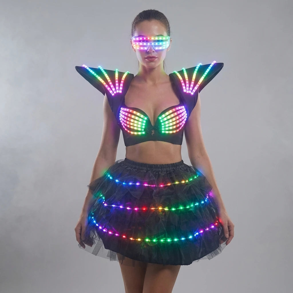 Futuristic black LED tutu bra set with shoulder pieces and glowing visor, featuring remote-controlled multicolor lights.