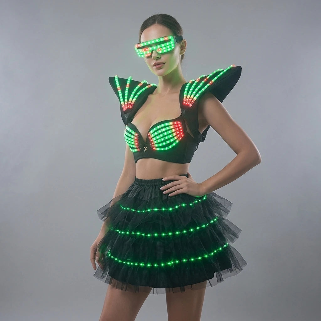 Model wearing a futuristic black LED tutu bra set with glowing green and red lights, shoulder pieces, and matching visor.