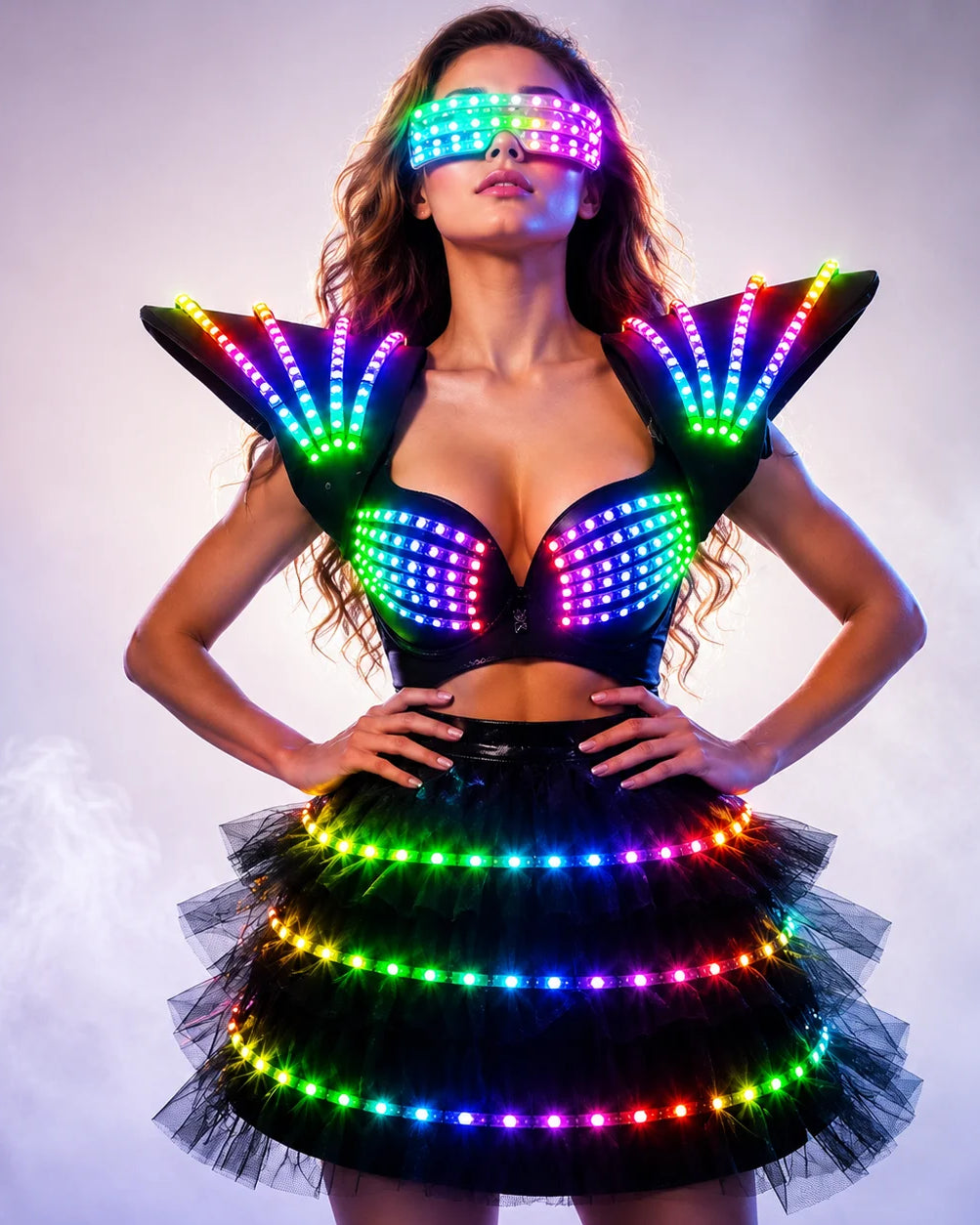Model wearing a black LED tutu bra set with glowing rainbow lights on the bra, shoulder pieces, skirt, and visor.