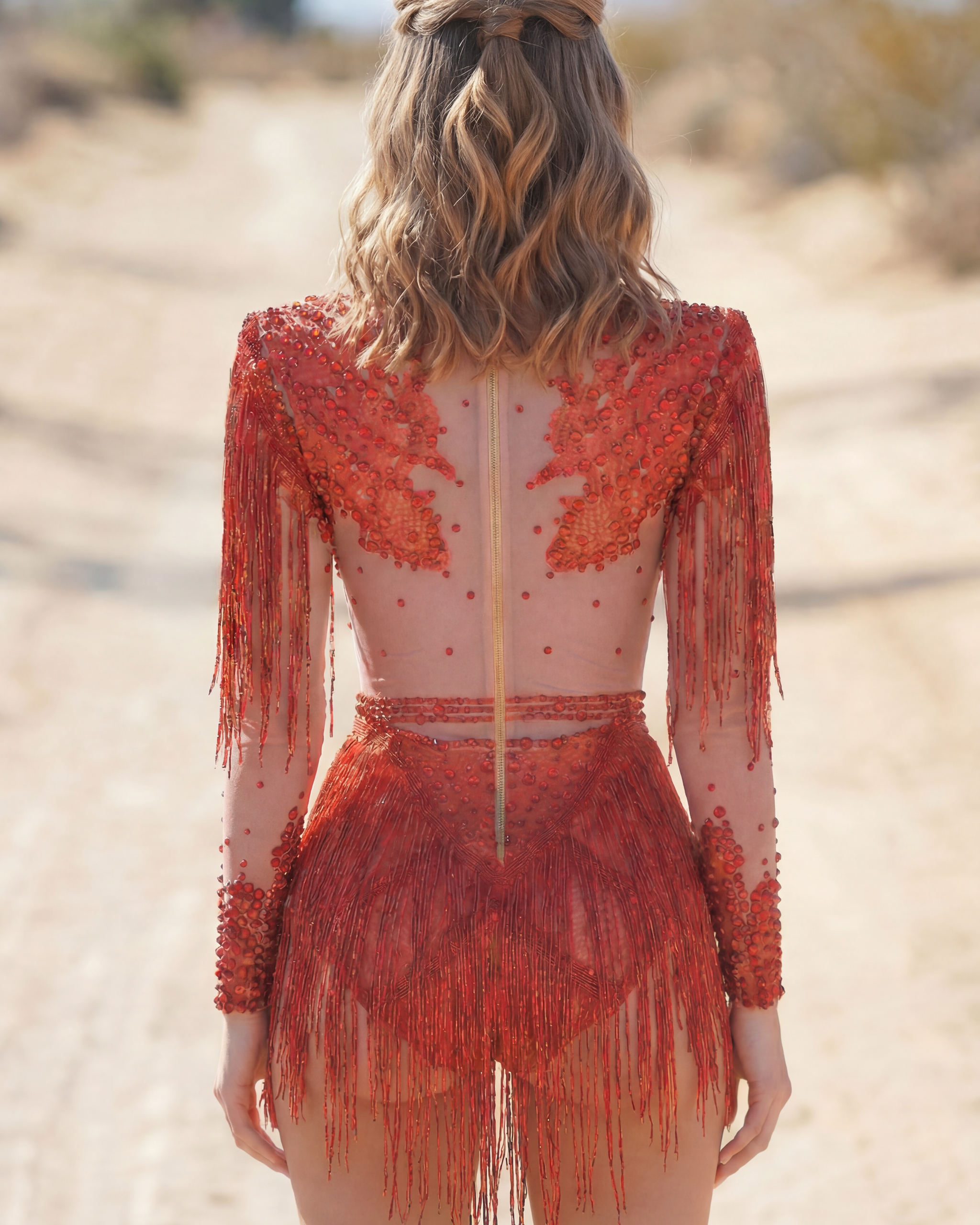 Georgia Red Rhinestone Fringe Bodysuit, featuring hand-glued rhinestones, sequins, and fringe on a spandex base.