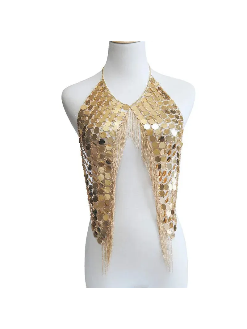 Débardeur en acrylique à sequins avec des sequins dorés scintillants, parfait pour les festivals et les événements dansants.