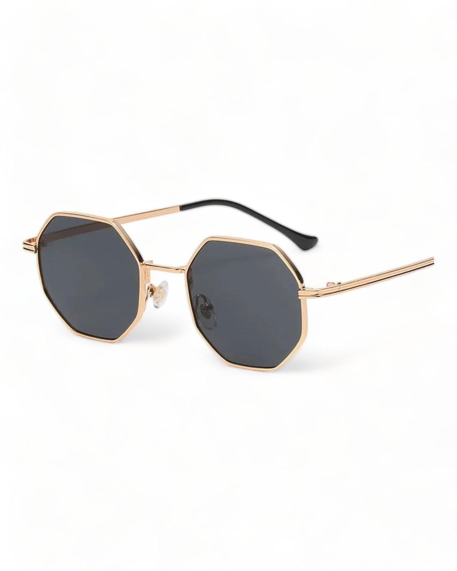 Black Lens Octagonal Geometric Metal Frame Sunglasses with UV-400 protection and anti-scratch coating.