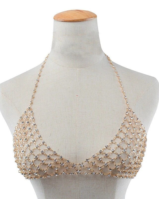 Gold Chain Bra with adjustable straps and shimmering jewel embellishments for festival fashion.