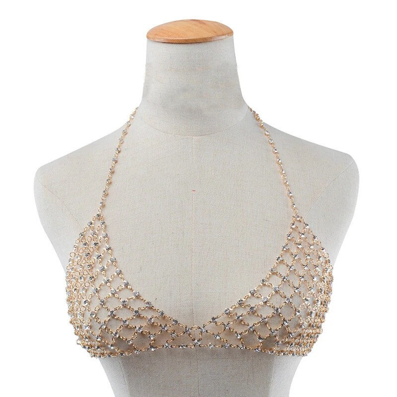 Gold Chain Bra with adjustable straps and shimmering jewel embellishments for festival fashion.