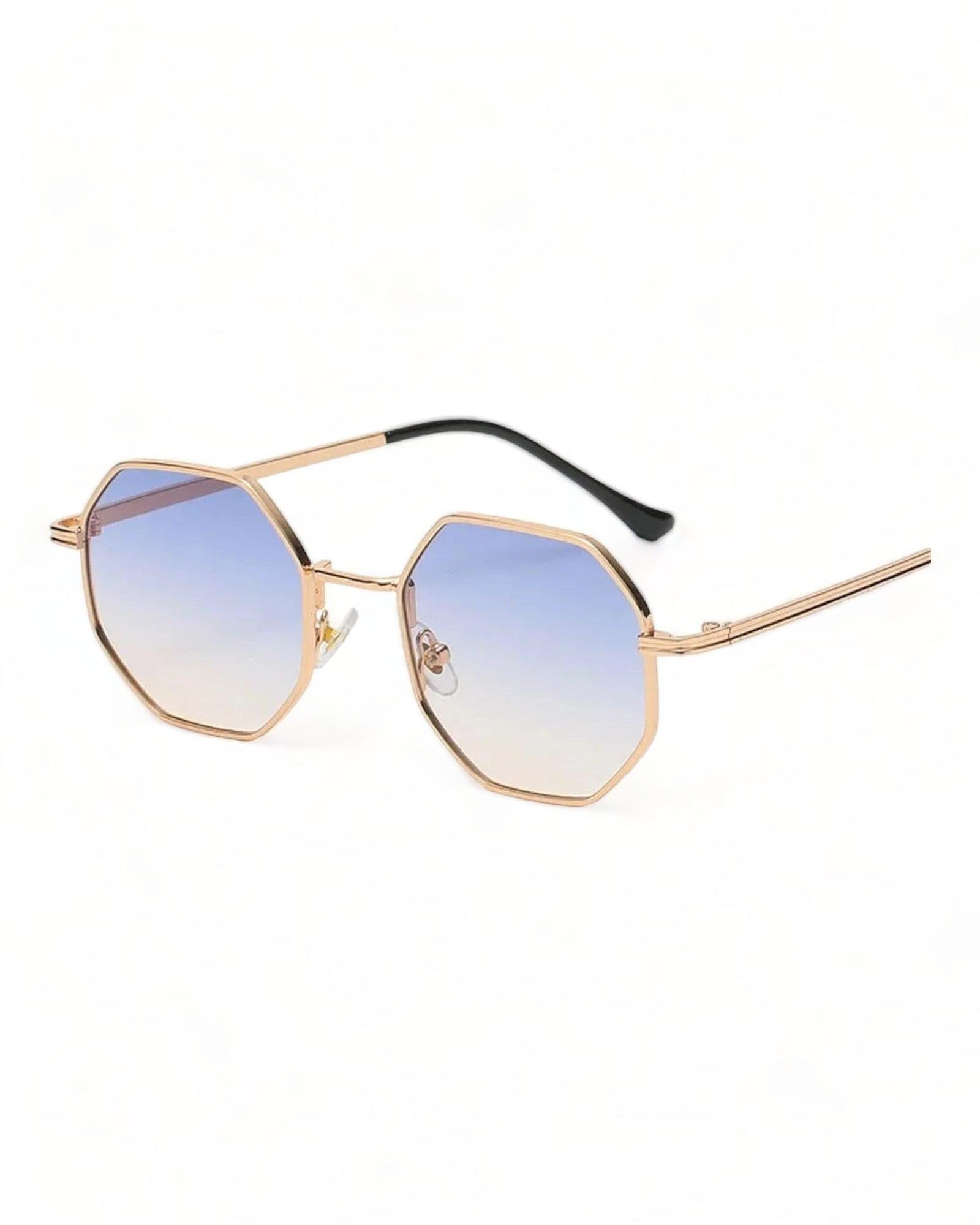 Blue Lens Octagonal Geometric Metal Frame Sunglasses with UV-400 protection and stylish design.