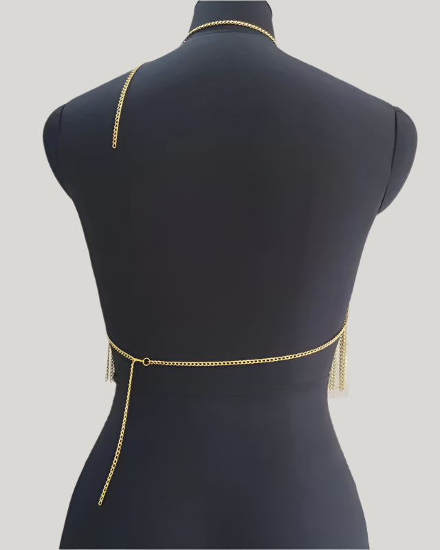 Body Chain Tank Top featuring shimmering gold metal links and stylish fringe details on the back.