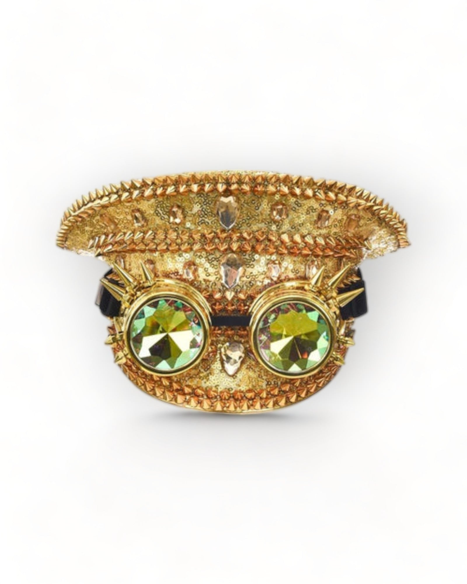 Gold Flat Military Hat with Rhinestones and Kaledoiscope Sunglasses