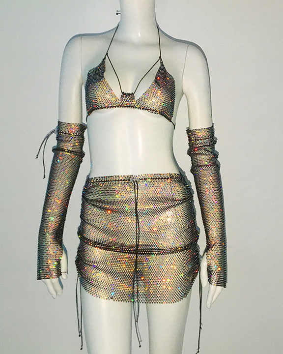 Gold Glitter Rhinestone Top with Mini Skirt and Gloves