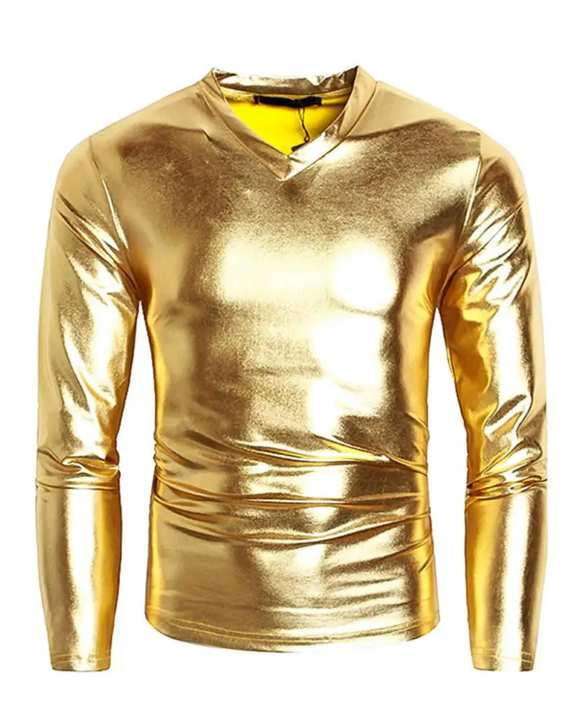 Gold Long Sleeve T-Shirt with Flat V-neck