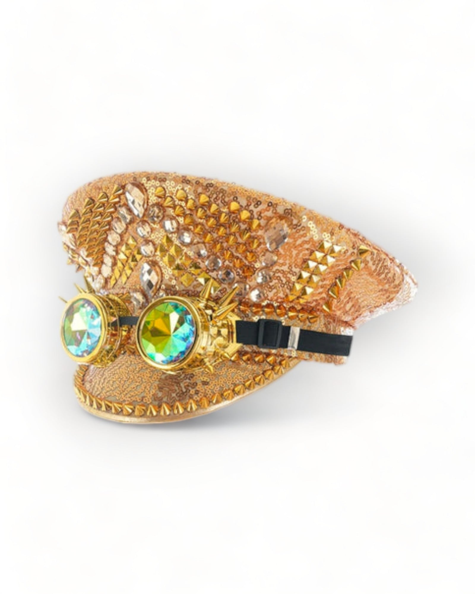 Gold Military Hat with Rhinestones and Kaledoiscope Sunglasses