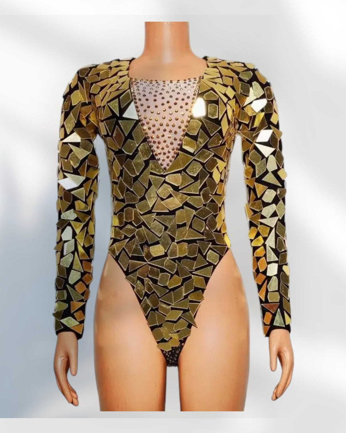 Mirror Rhinestone Bodysuit with gold mirror and rhinestone details for a dazzling look.