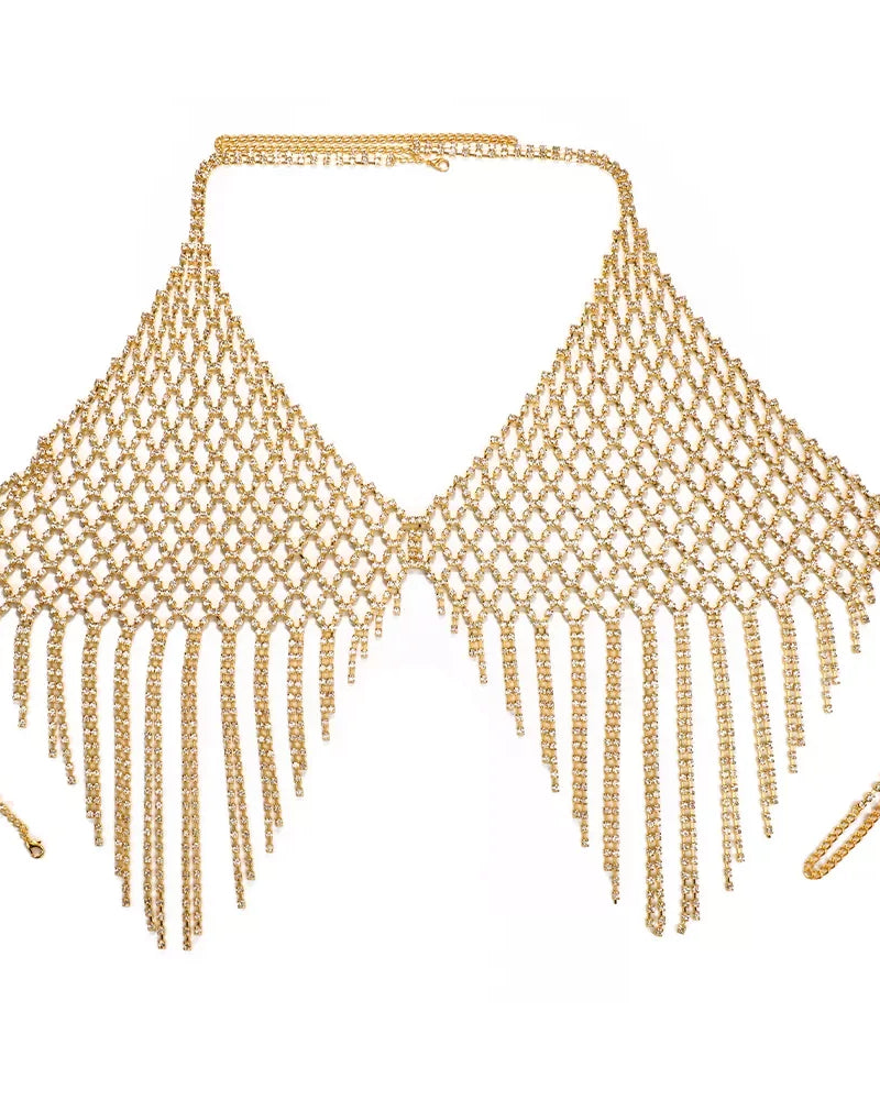 Gold Rhinestone Tassel Bra Chain