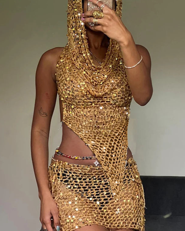 Knit Sequin Hooded Crop Top & Mini Skirt in gold, stylish festival outfit with shimmering sequins.