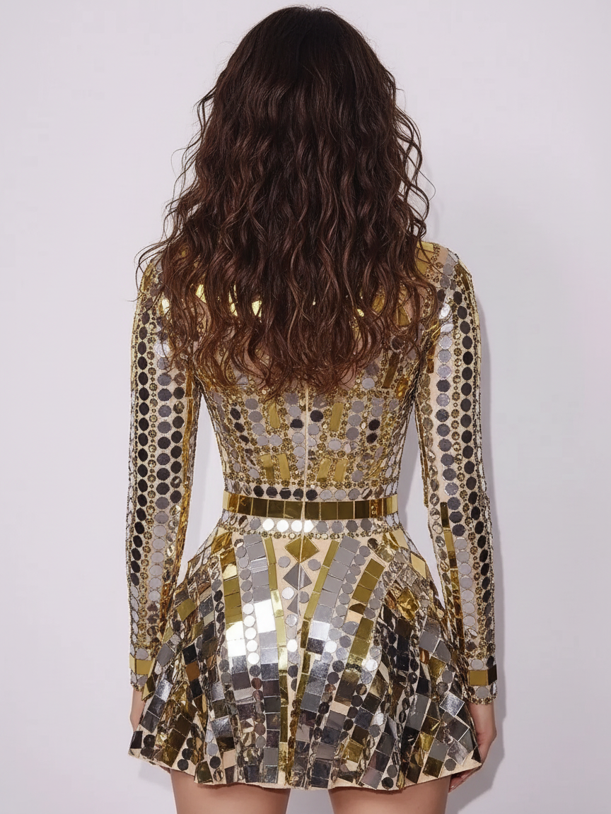 gold sequin party dress back-view showcasing shimmering sequins and a flared skirt
