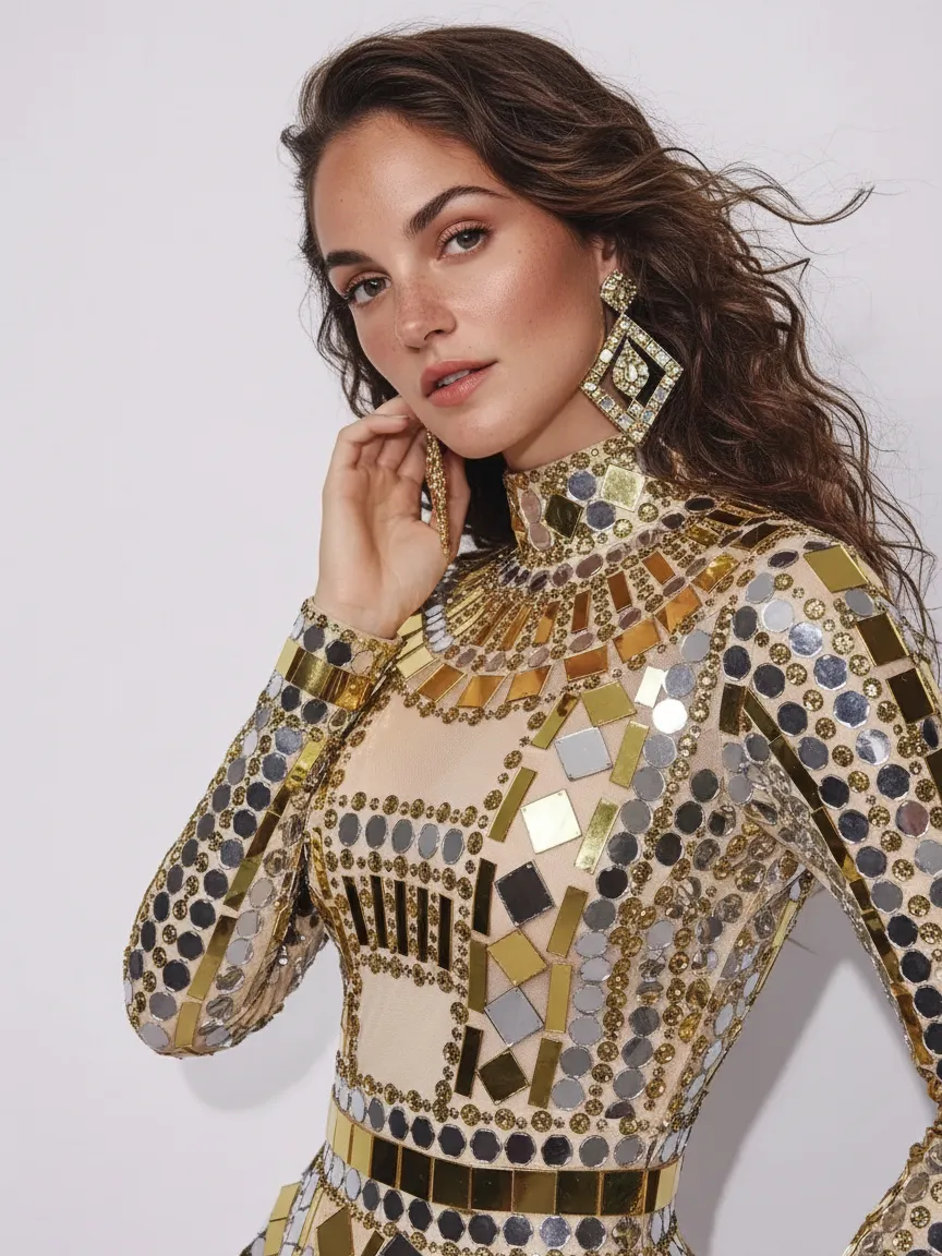 close-up gold sequin party dress with intricate detailing and statement earrings