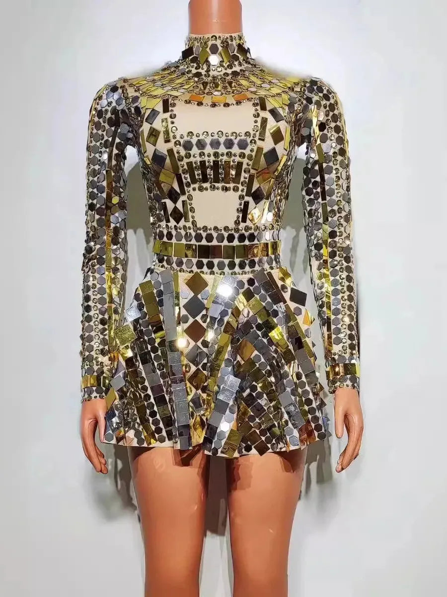 full-shot gold sequin party dress with mirrored sequins and stylish design