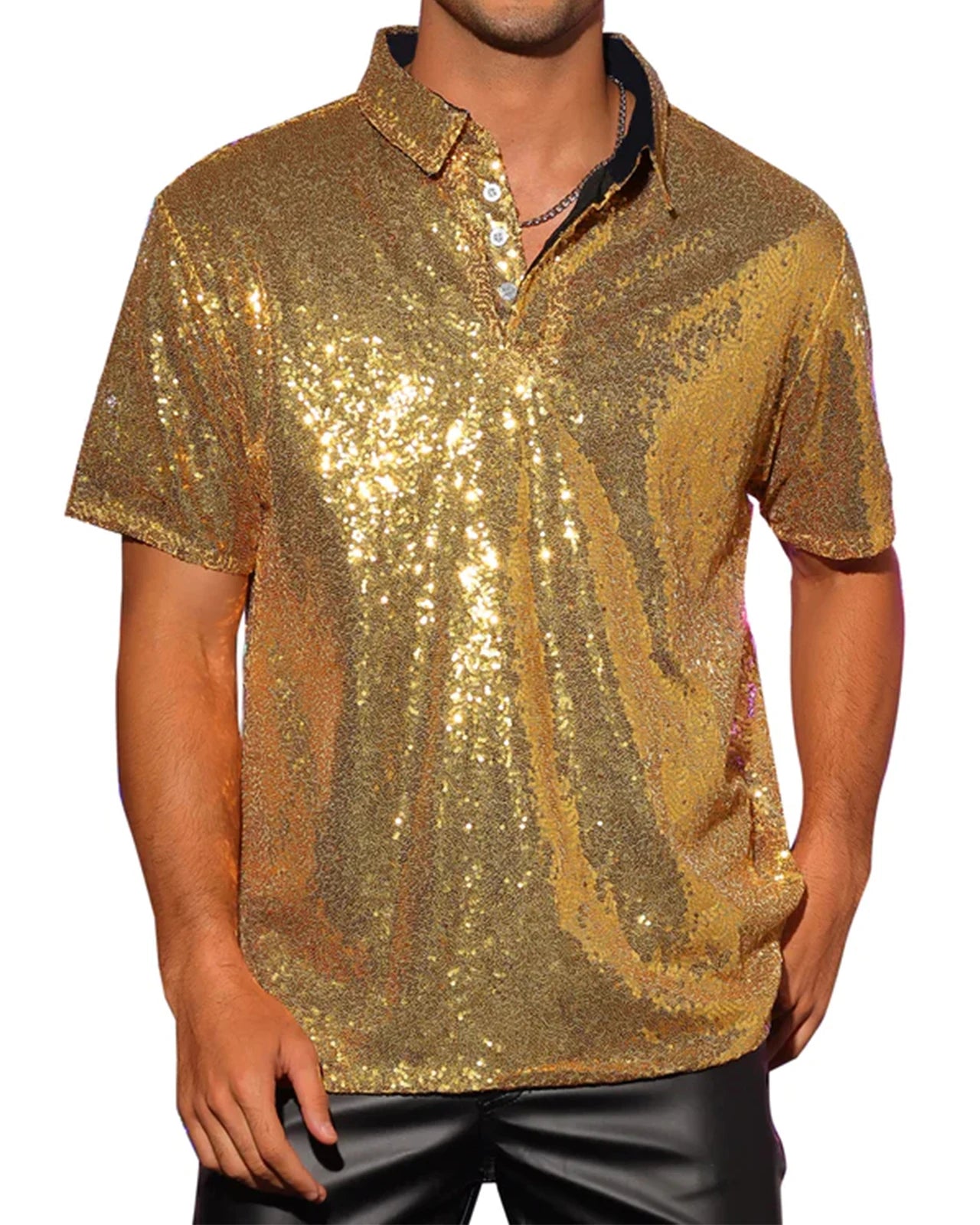 Men's gold sequin short-sleeve polo shirt with a black collar and quarter-button placket.