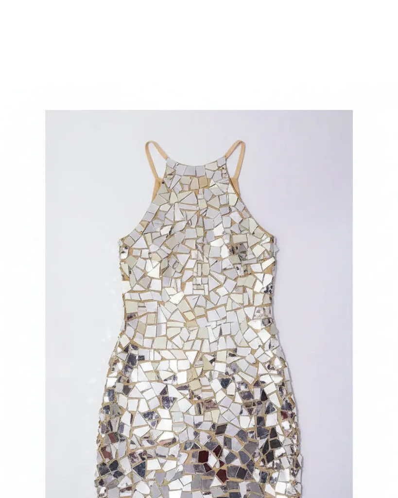 Vestido de fiesta metálico brillante con superficie reflectante y diseño elegante, perfecto para fiestas.