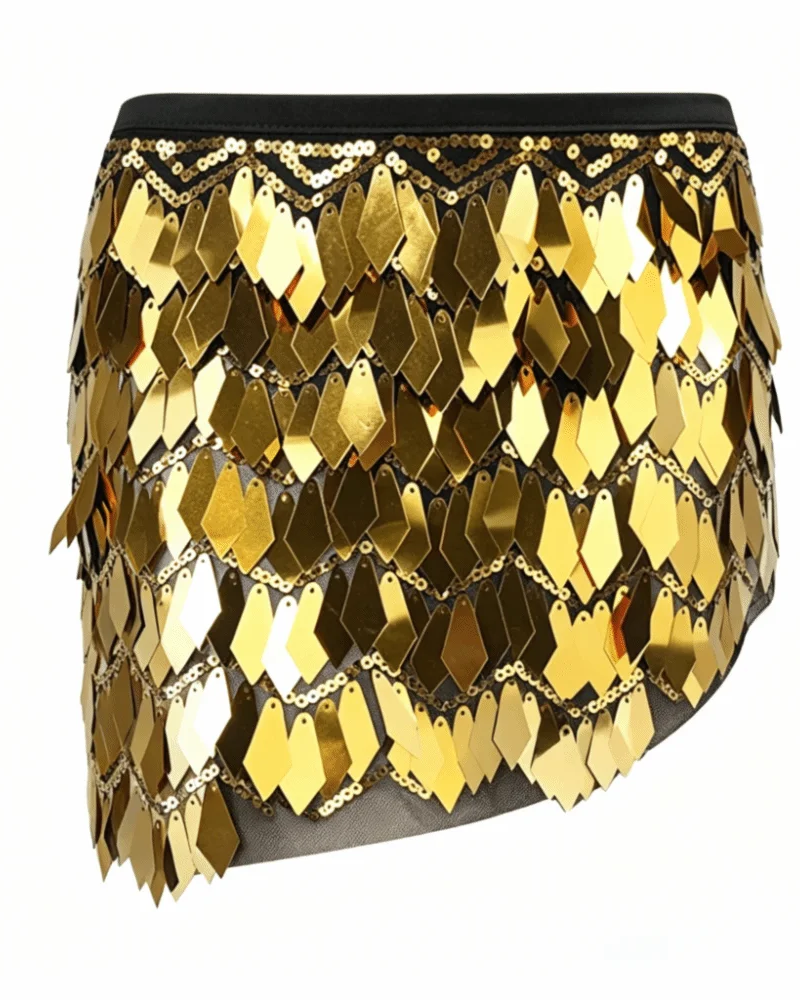 Gold sequin mini skirt featuring diamond-shaped metallic scales, a black elastic waistband, and delicate chain detailing.