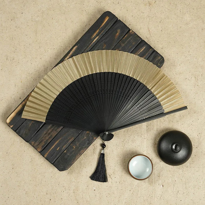 Golden Black Folding Bamboo Hand Fan