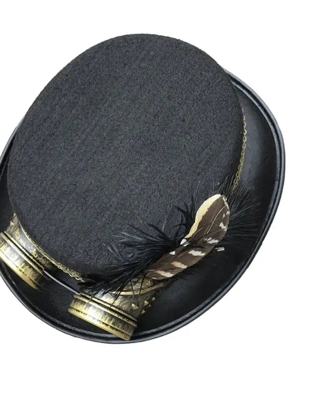 Gothic Steampunk Top Hat with intricate detailing, metallic accents, and stylish feathers.