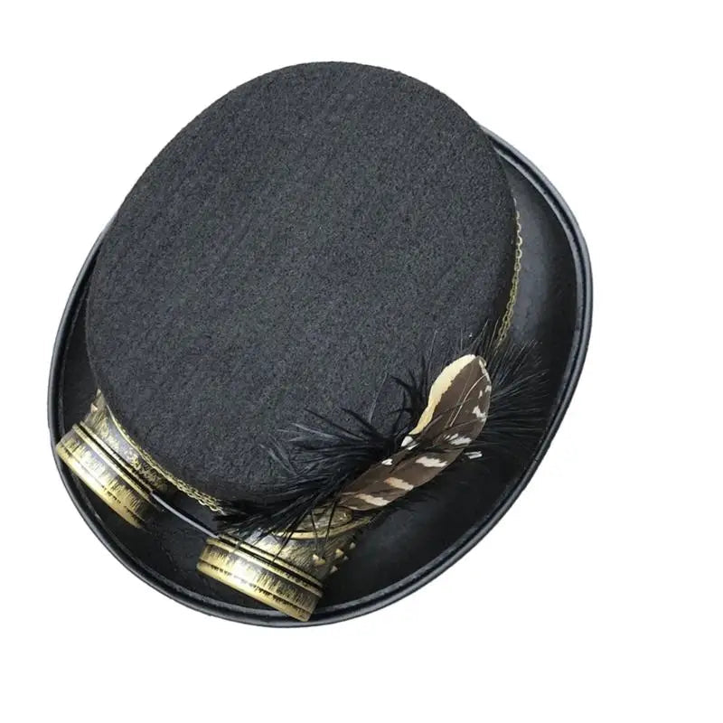 Gothic Steampunk Top Hat with intricate detailing, metallic accents, and stylish feathers.