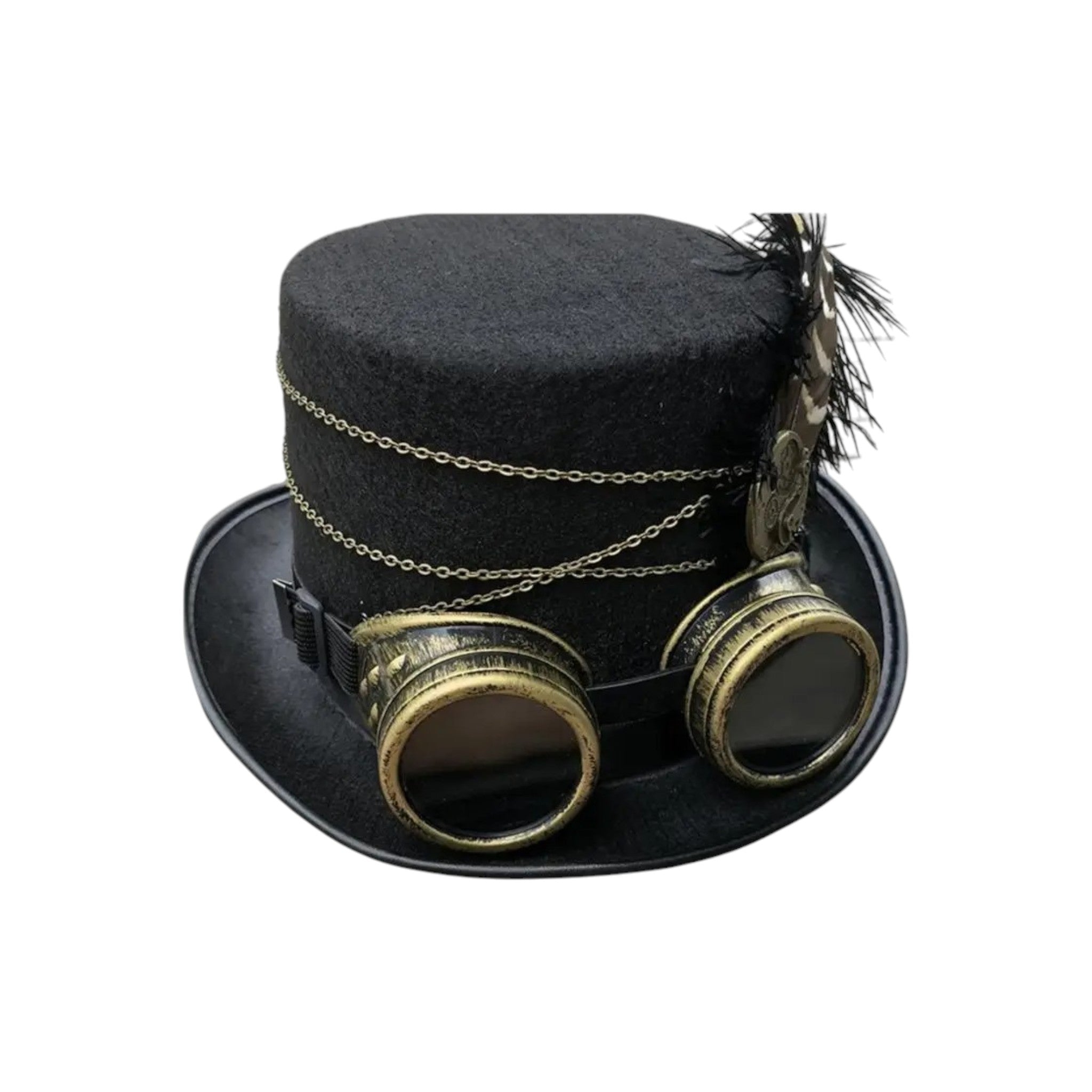 Gothic Steampunk Top Hat with vintage goggles, chains, and feather, ideal for alternative fashion.