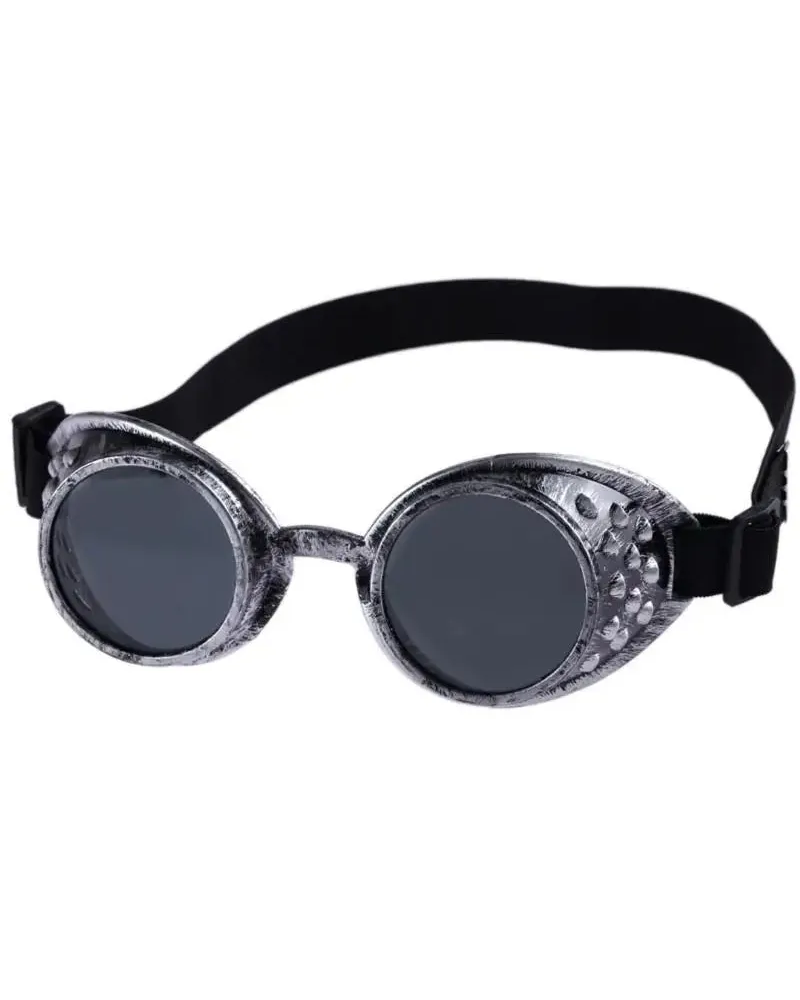 Vintage steampunk goggles with distressed silver metallic frames, dark lenses, and a black elastic strap.