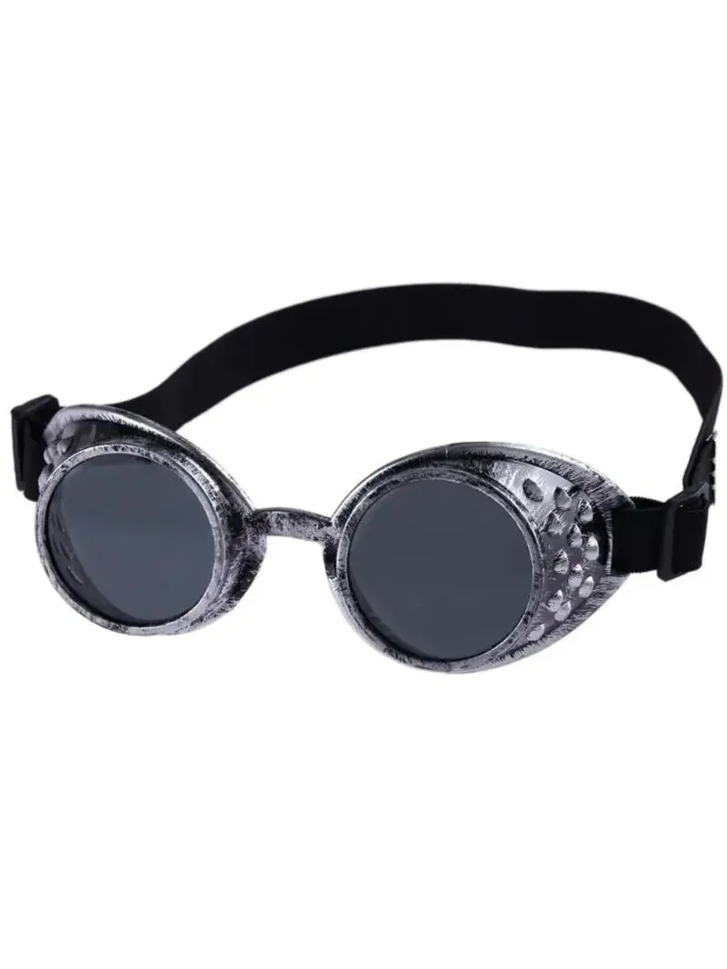 Vintage steampunk goggles with distressed silver metallic frames, dark lenses, and a black elastic strap.