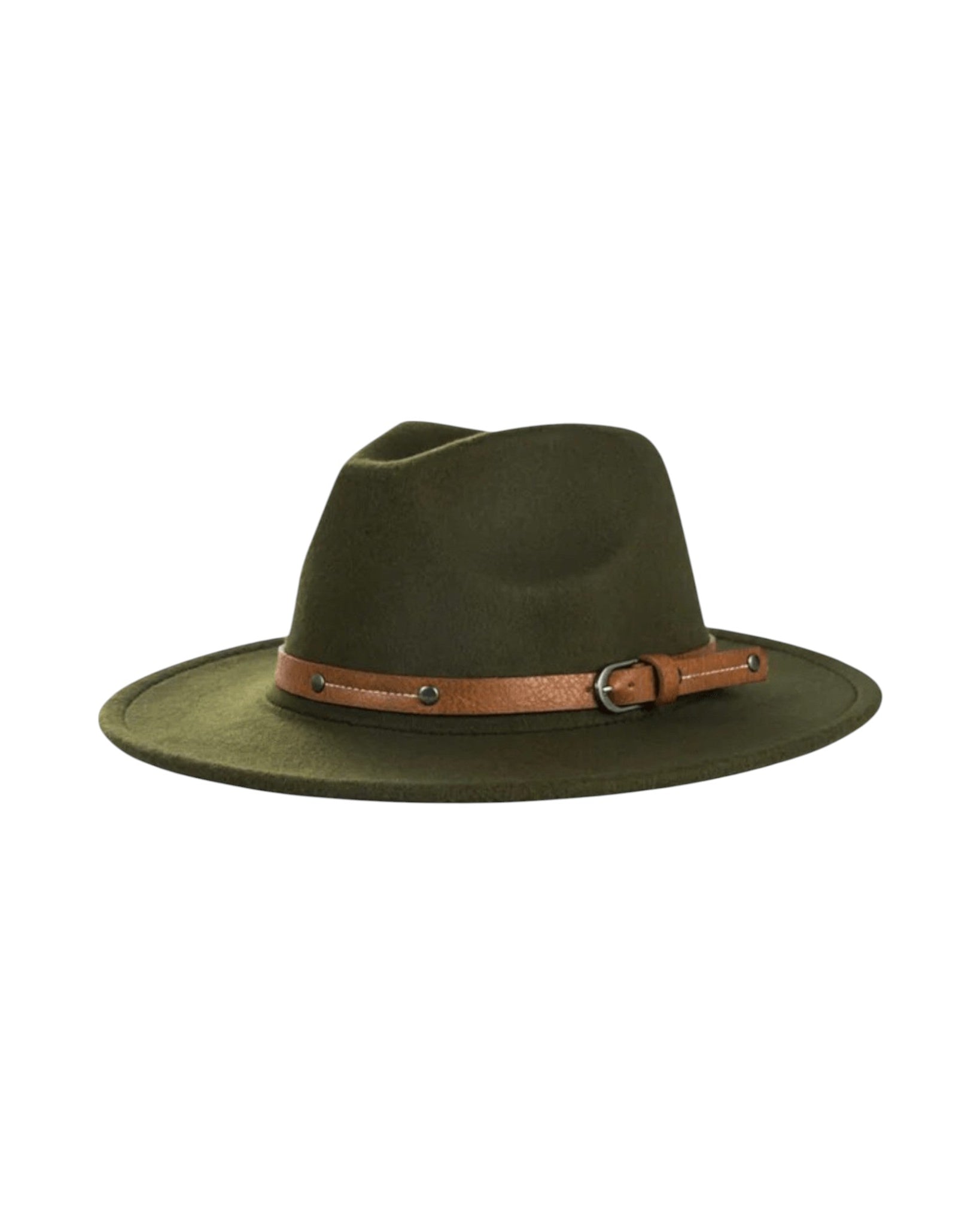 Trendy green Fedora Hat with a brown leather band, perfect for festival outfits and boho style.