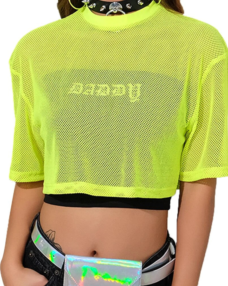Green Fishnet Mesh Crop Top See-through Loose Shirt T-shirt rave outfit rave apparel wear